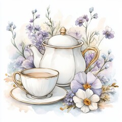 Design illustration Set of tea cup, coffee pot and flowers. Watercolor paints