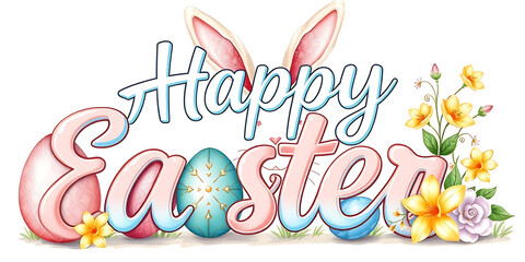 A cheerful and colorful typography design that says "Happy Easter" in pastel tones, with illustrations of Easter eggs, bunny ears, and spring flowers.

