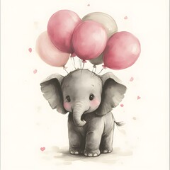 Cute baby elephant holding pink balloons.