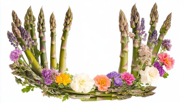 A decorative arrangement of asparagus and colorful flowers.