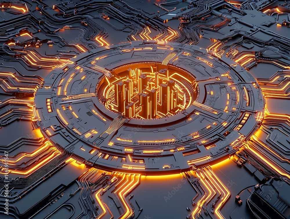 Poster futuristic circuitry with glowing orange lines and intricate patterns in a 3d abstract technology ba