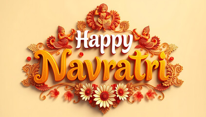 A radiant and cultural typography design that says "Happy Navratri" in saffron and white, surrounded by dandiya sticks, garlands, and traditional dance poses.

