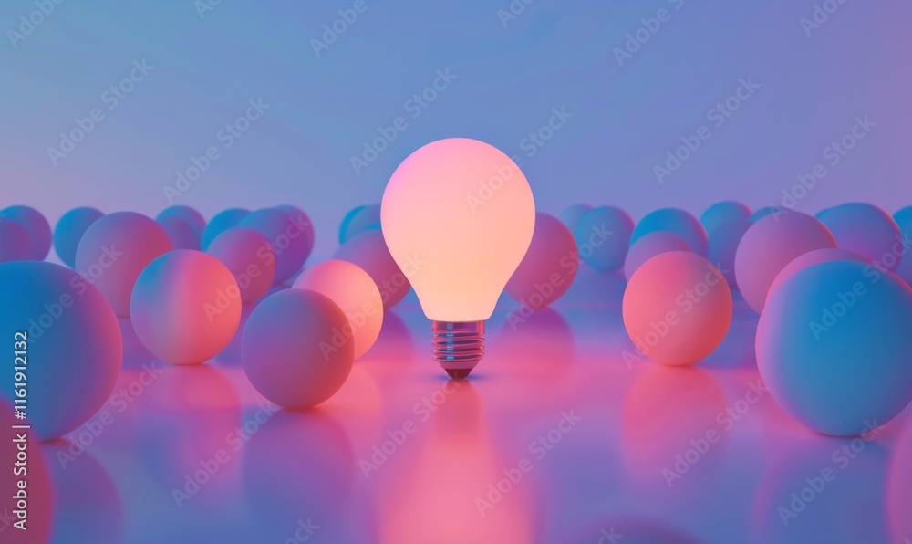 Poster one of lightbulb glowing among shutdown light bulb in dark area with copy space for creative thinkin