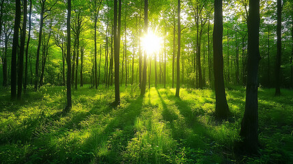 Fototapeta premium Sunlight filtering through green forest, nature's serene beauty