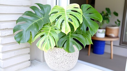 Variegated Monstera deliciosa Plant in Pot on Windowsill