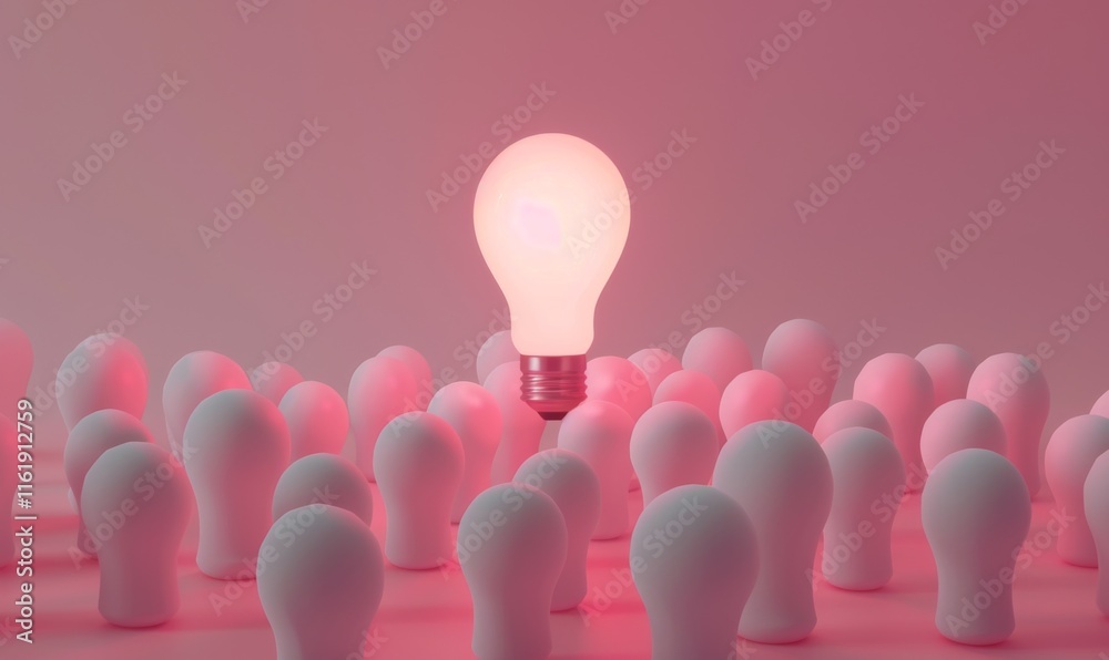 Poster one of lightbulb glowing among shutdown light bulb in dark area with copy space for creative thinkin