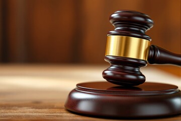 Wooden gavel with a golden band resting on a polished base in focus, warm wooden background, symbol of justice, law, and authority. Ai generative