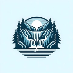 Obraz premium Minimalist Waterfall Landscape with Forest and Moon Logo Design,
