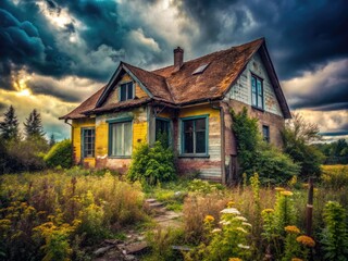 Fototapeta premium Decaying single-story house: urban exploration reveals a derelict, ruined structure.