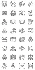 
Meeting set of web icons in line style. Live webinar icons for web and mobile app. Containing conference, business meeting, classroom, team, interview, conference