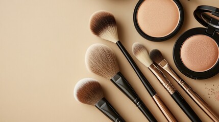 A collection of makeup brushes and a compact powder