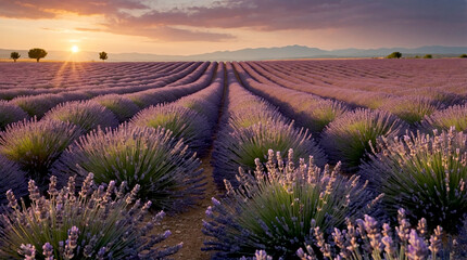Stunning Lavender Field at Sunset with Beautiful Blossoming Lavender