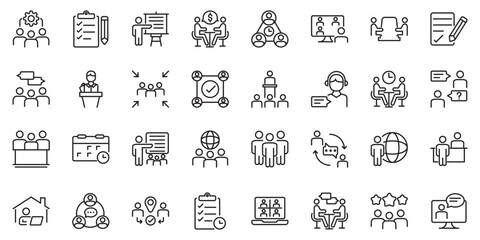 
Meeting set of web icons in line style. Live webinar icons for web and mobile app. Containing conference, business meeting, classroom, team, interview, conference