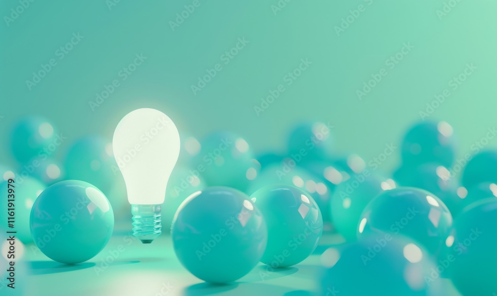 Poster one of lightbulb glowing among shutdown light bulb in dark area with copy space for creative thinkin