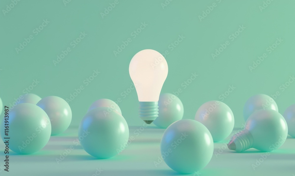 Fototapete One of Lightbulb glowing among shutdown light bulb in dark area with copy space for creative thinking , problem solving solution and outstanding concept by 3d rendering technique