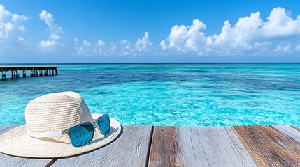 Obraz premium Summer Vacation Sunglasses Straw Hat on Tropical Beach