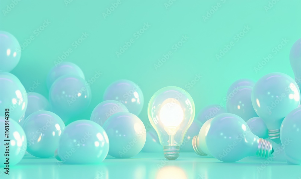 Poster one of lightbulb glowing among shutdown light bulb in dark area with copy space for creative thinkin