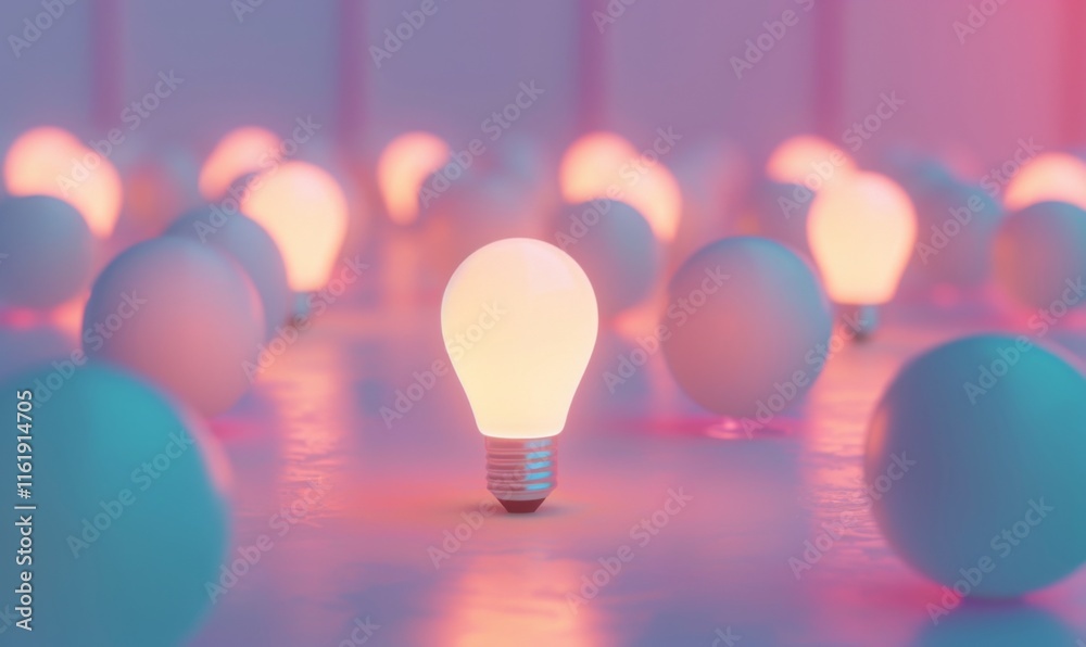 Poster one of lightbulb glowing among shutdown light bulb in dark area with copy space for creative thinkin
