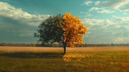 A single tree with half green and half golden leaves, symbolizing the transition from summer to autumn in a tranquil meadow