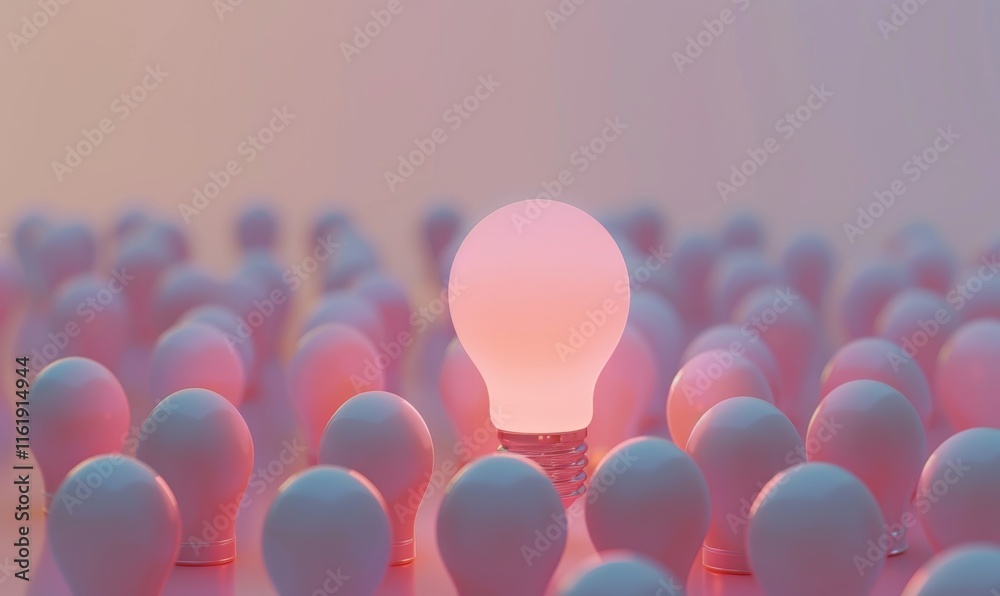 Poster one of lightbulb glowing among shutdown light bulb in dark area with copy space for creative thinkin