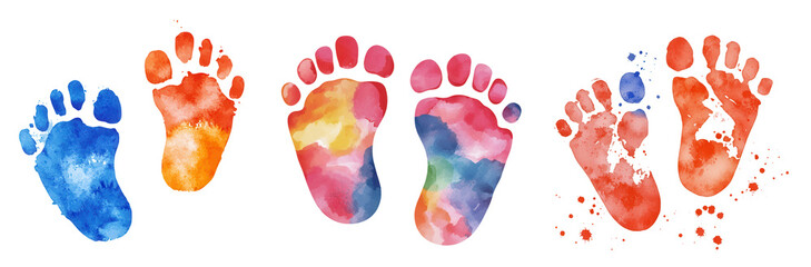 Mother day element, Colorful baby footprints in watercolor style, perfect for nursery decor, isolated on transparent background.