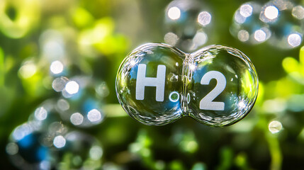 A close-up of a hydrogen molecule depicted within bubbles, surrounded by a vibrant green background, highlighting the essence of water and its molecular structure.