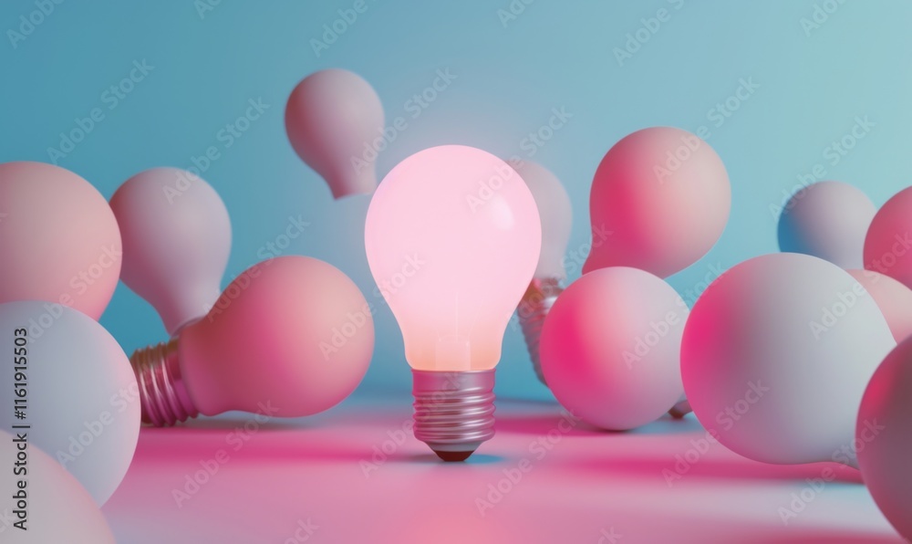 Poster one of lightbulb glowing among shutdown light bulb in dark area with copy space for creative thinkin