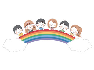 
子供たちと虹のイラストセット