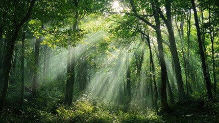 Naklejka premium A dense forest with sunlight streaming through the trees, creating a magical and awe-inspiring natural wonder.