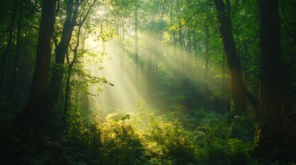 Obraz premium A dense forest with sunlight streaming through the trees, creating a magical and awe-inspiring natural wonder.