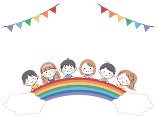 子供たちと虹、ガーランドフレーム

