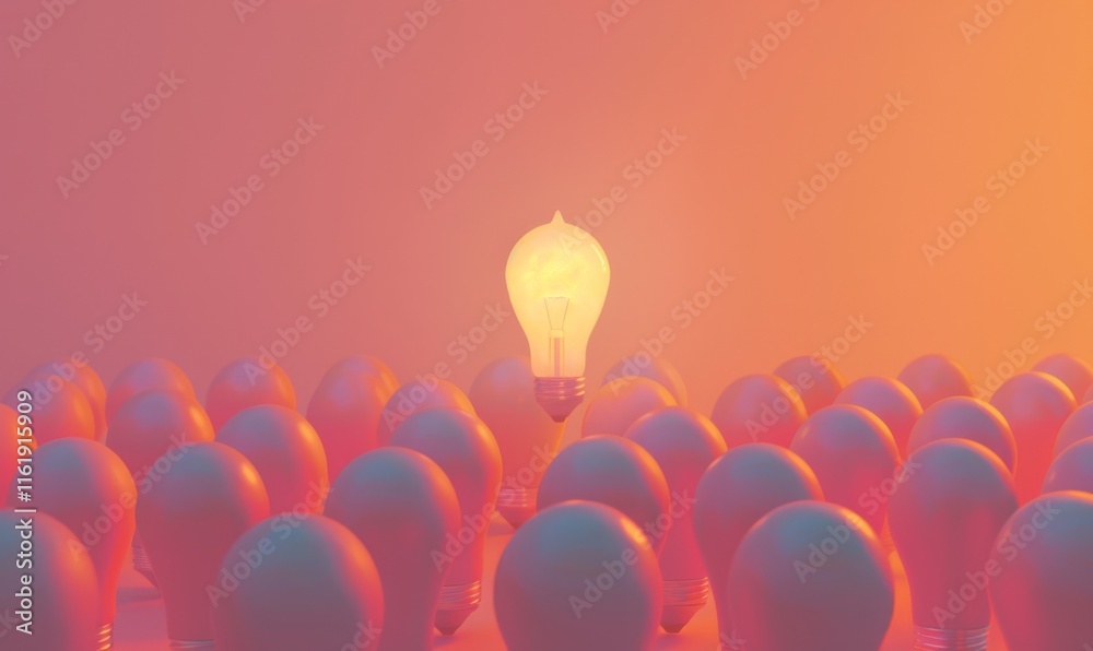 Poster one of lightbulb glowing among shutdown light bulb in dark area with copy space for creative thinkin
