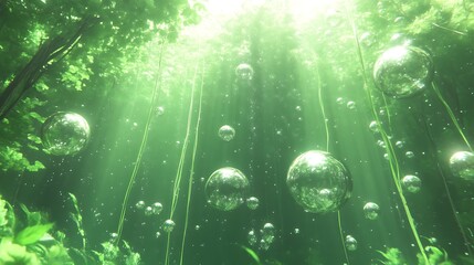 Fototapeta premium Aquatic Bubbles Rise Through Sunlit Green Plants