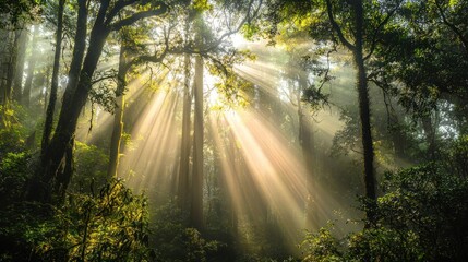 A dense forest with sunlight streaming through the trees, creating a magical and awe-inspiring natural wonder.