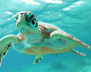 Fototapeta premium Detailed Illustration of Sea Turtle in Crystal Clear Ocean Waters, Perfect for Marine Conservation Themes and Educational Use