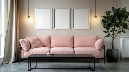 Pink sofa in modern living room with three blank frames, coffee table, and potted plant.