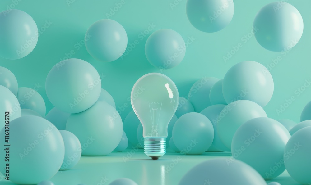 Poster one of lightbulb glowing among shutdown light bulb in dark area with copy space for creative thinkin