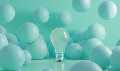 One of Lightbulb glowing among shutdown light bulb in dark area with copy space for creative thinking , problem solving solution and outstanding concept by 3d rendering technique