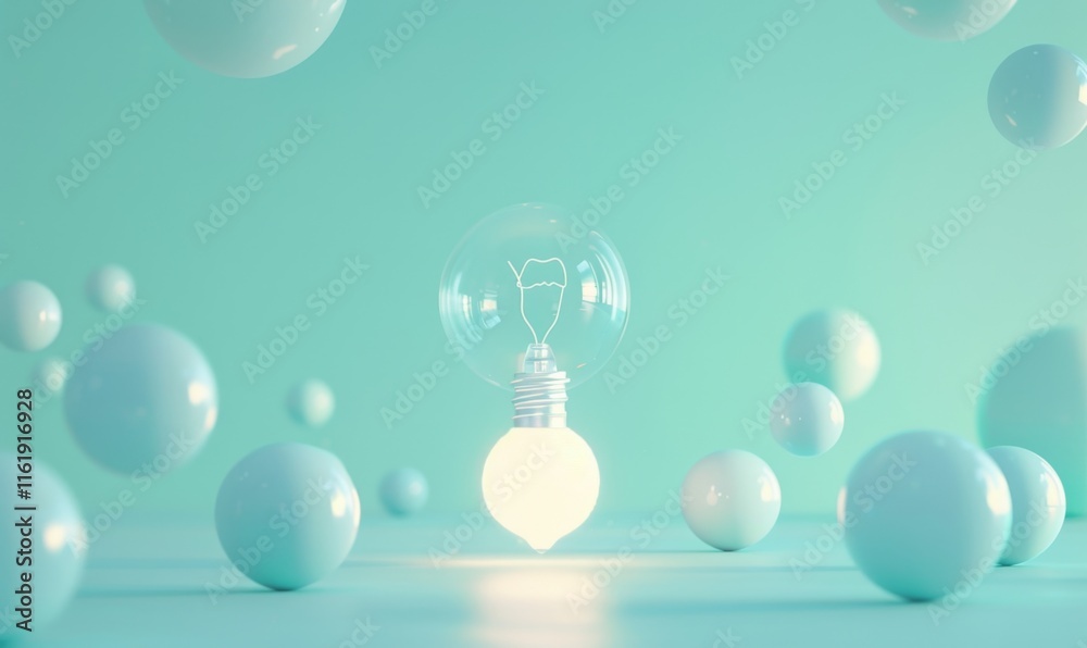 Poster one of lightbulb glowing among shutdown light bulb in dark area with copy space for creative thinkin