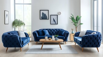 Modern blue velvet sofa set in bright living room with wooden legs, coffee table, and plants.