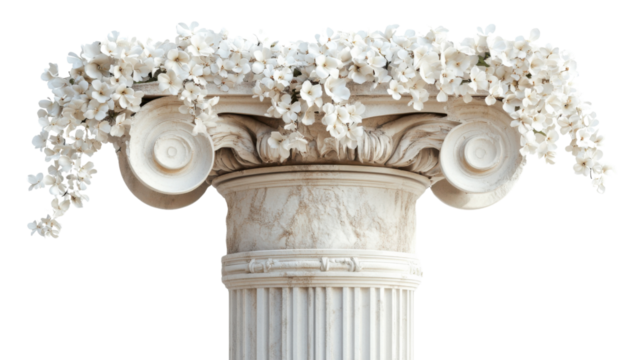 ancient plaster column overgrown with flowers transparent background