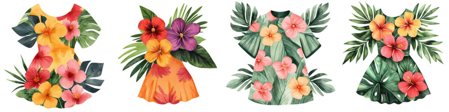 National dress day element, Colorful Hawaiian muumuu dresses with tropical flowers and leaves, isolated on transparent background.