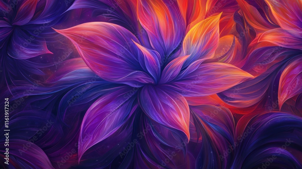 Wall mural Vibrant, stylized floral artwork with purple, orange, and red hues.