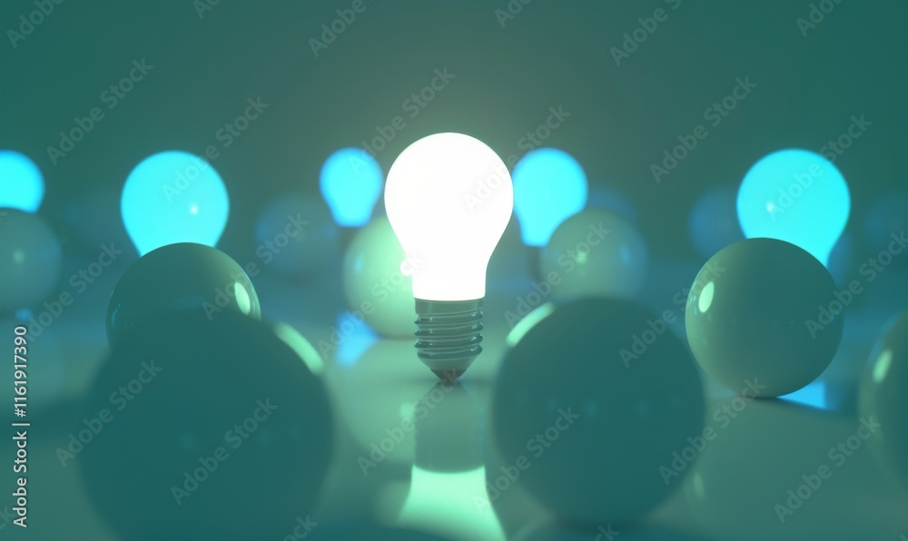 Poster one of lightbulb glowing among shutdown light bulb in dark area with copy space for creative thinkin