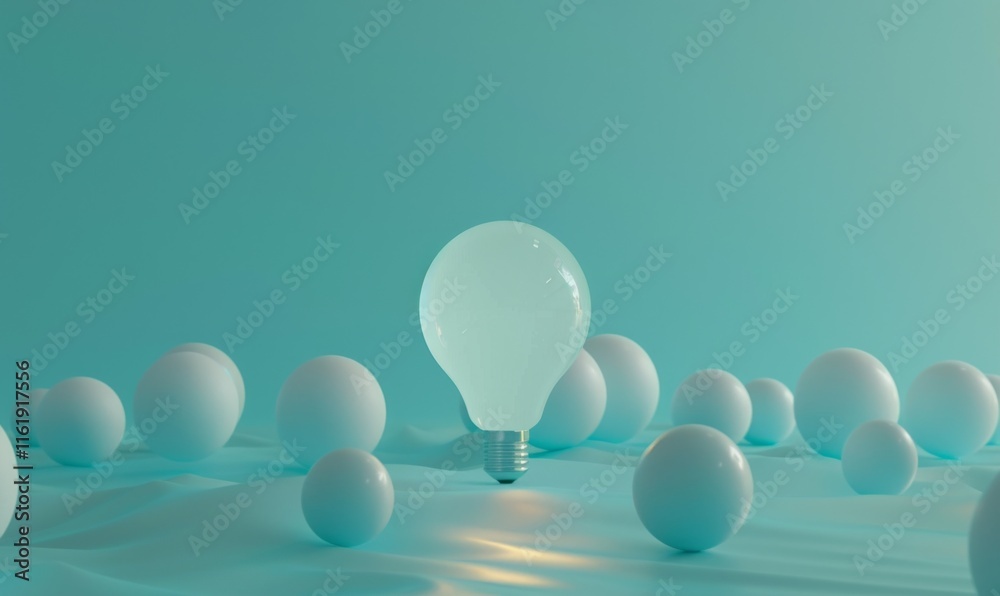 Poster one of lightbulb glowing among shutdown light bulb in dark area with copy space for creative thinkin