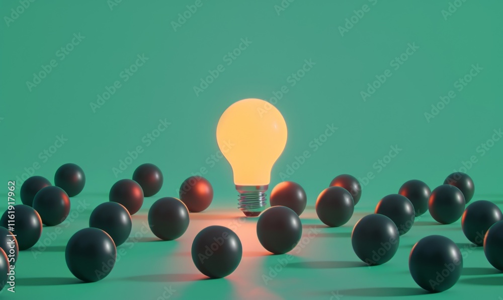 Poster one of lightbulb glowing among shutdown light bulb in dark area with copy space for creative thinkin
