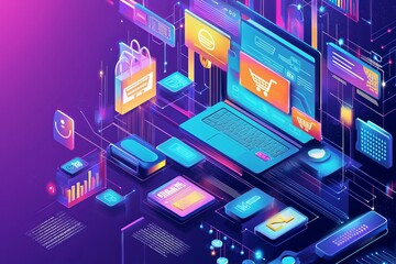 This vibrant digital illustration represents a futuristic online shopping experience, showcasing a laptop at the center with various interactive elements that enhance modern ecommerce visualization.