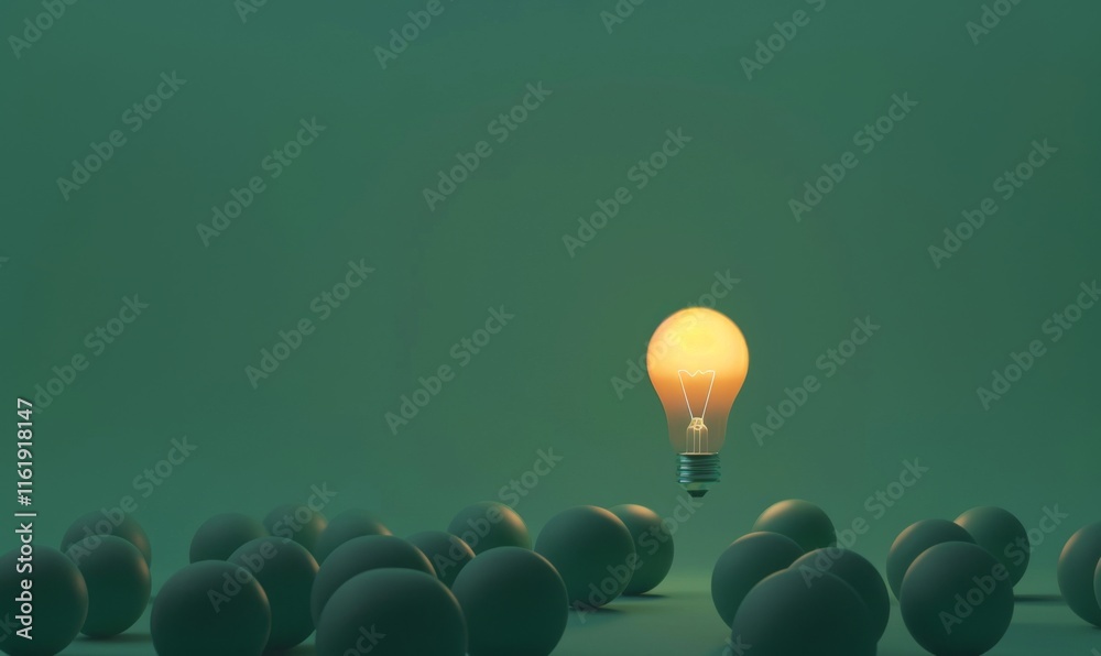 Poster one of lightbulb glowing among shutdown light bulb in dark area with copy space for creative thinkin