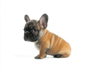 Obraz premium A photograph of a French Bulldog puppy with a reddish coat. The dog is sitting on a white background, looking directly at the camera. Expressive eyes and a compact build emphasize the cuteness of the 