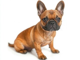 Obraz premium A photograph of a French Bulldog puppy with a reddish coat. The dog is sitting on a white background, looking directly at the camera. Expressive eyes and a compact build emphasize the cuteness of the 